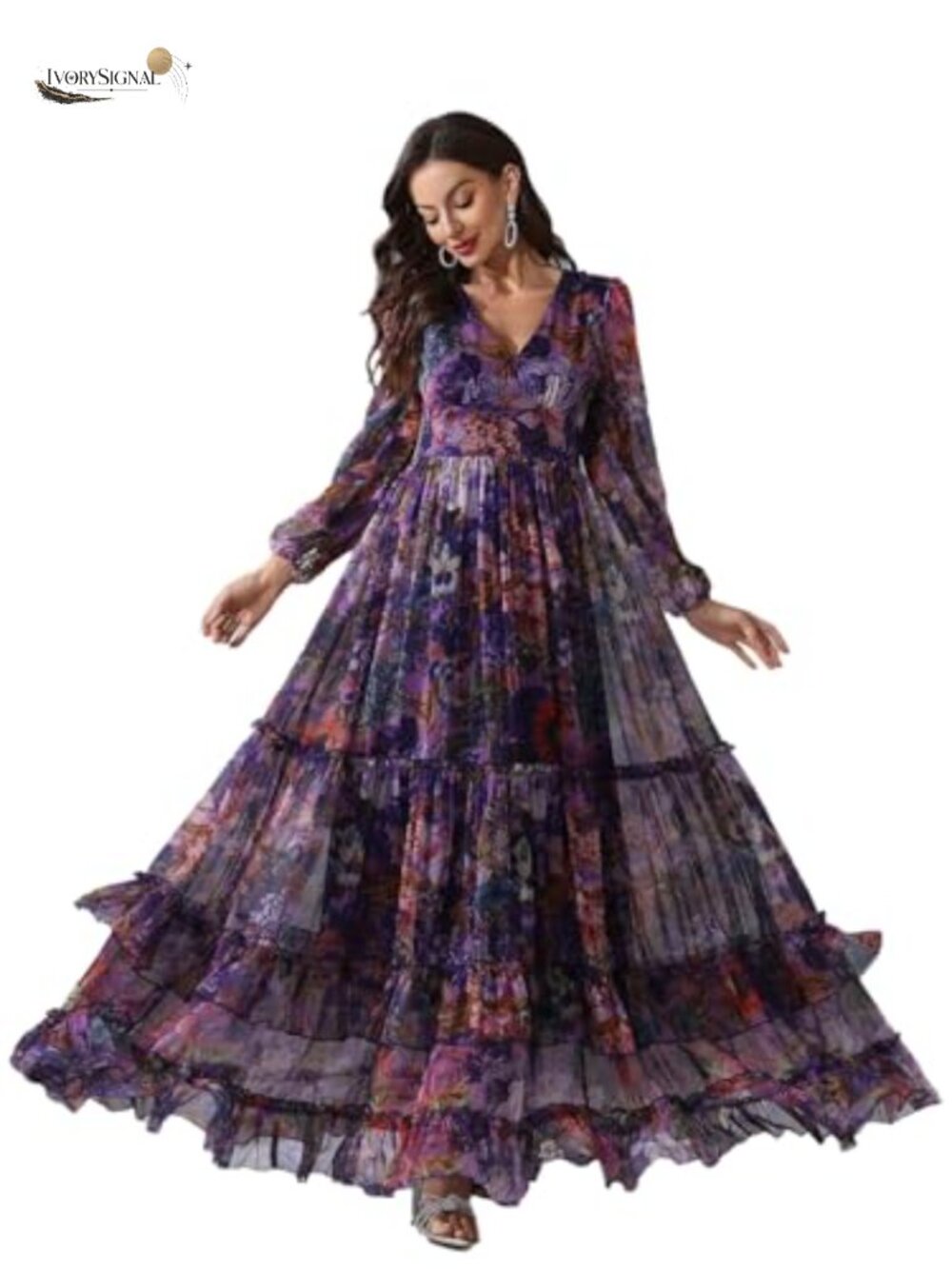 Women's Boho Maxi Dress Long Sleeve V Neck Ruffle Tiered Casual Summer